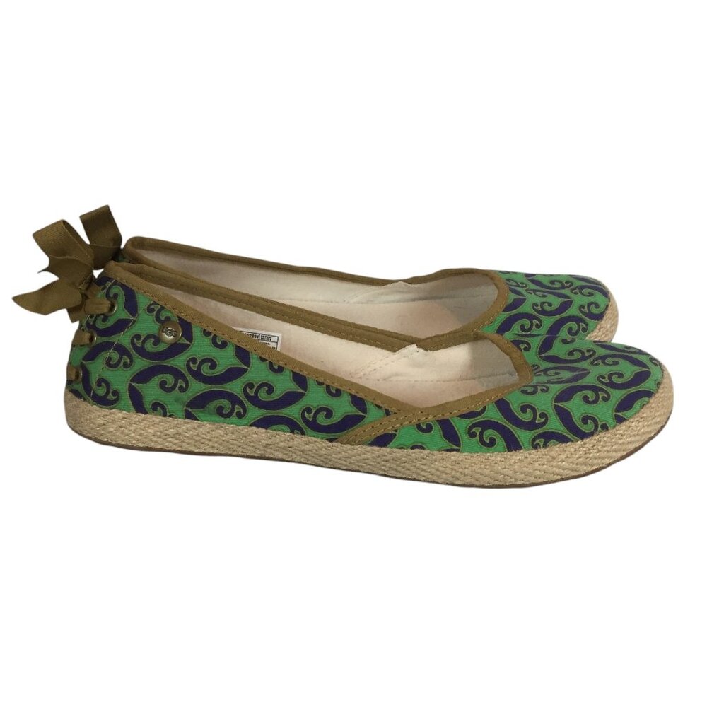 UGG Australia Womens 8.5/39.5 Espadrille Flats Green Navy Pattern Canvas Slip-On